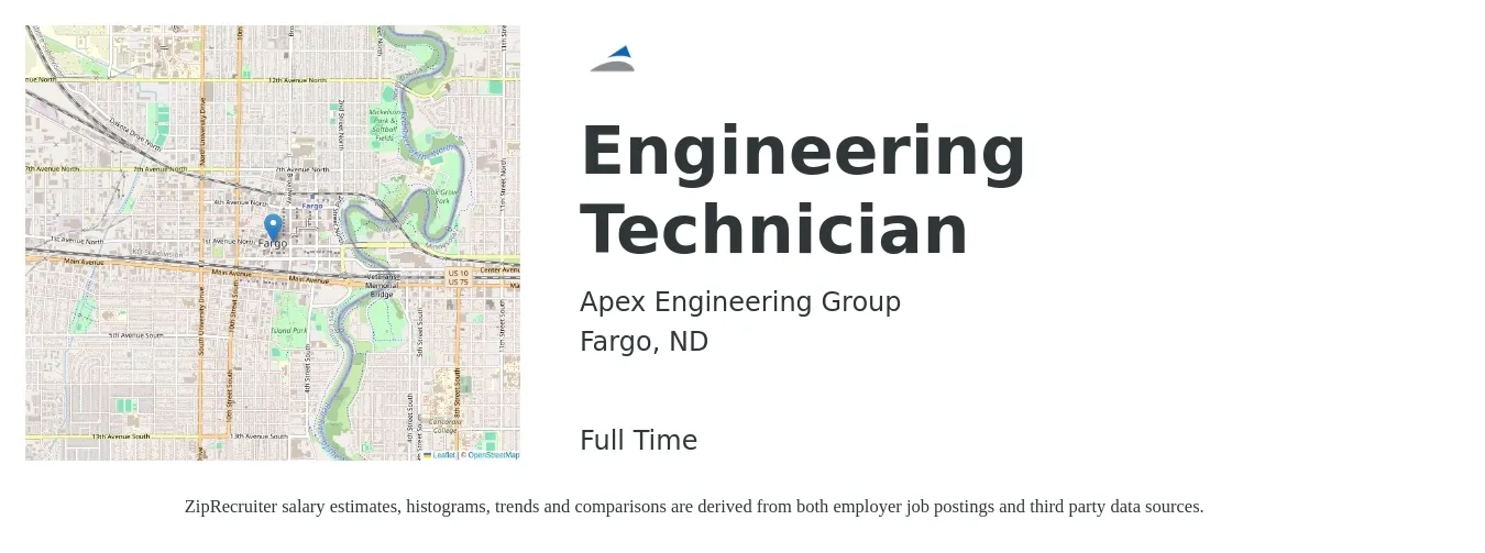 Apex Engineering Group job posting for a Engineering Technician in Fargo, ND with a salary of $46,100 to $70,700 Yearly with a map of Fargo location.