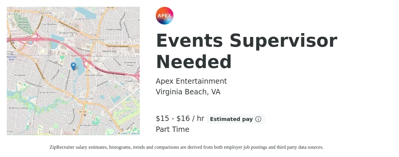 Apex Entertainment job posting for a Events Supervisor Needed in Virginia Beach, VA with a salary of $16 to $17 Hourly with a map of Virginia Beach location.