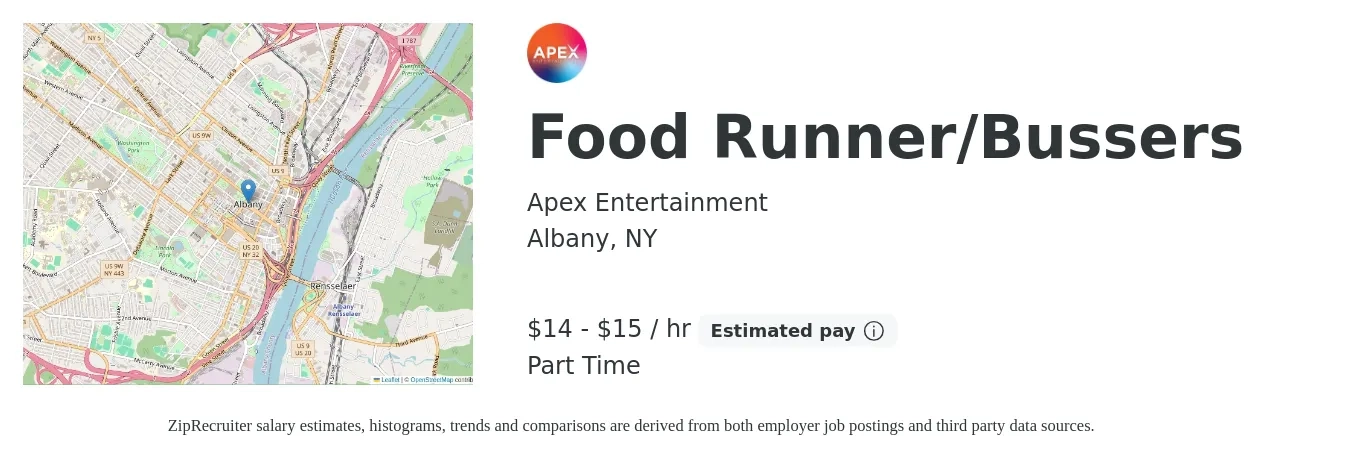 Apex Entertainment job posting for a Food Runner/Bussers in Albany, NY with a salary of $15 to $16 Hourly with a map of Albany location.