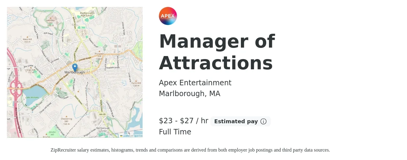 Apex Entertainment job posting for a Manager of Attractions in Marlborough, MA with a salary of $50,000 to $60,000 Yearly with a map of Marlborough location.