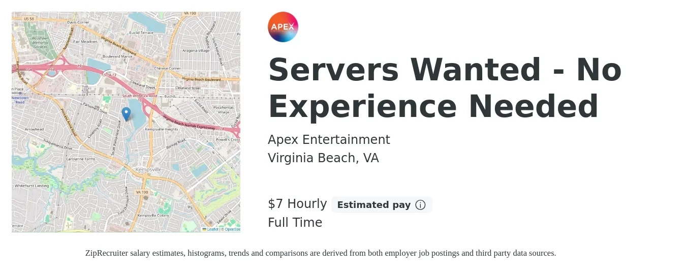 Apex Entertainment job posting for a Servers Wanted - No Experience Needed in Virginia Beach, VA with a salary of $8 Hourly with a map of Virginia Beach location.