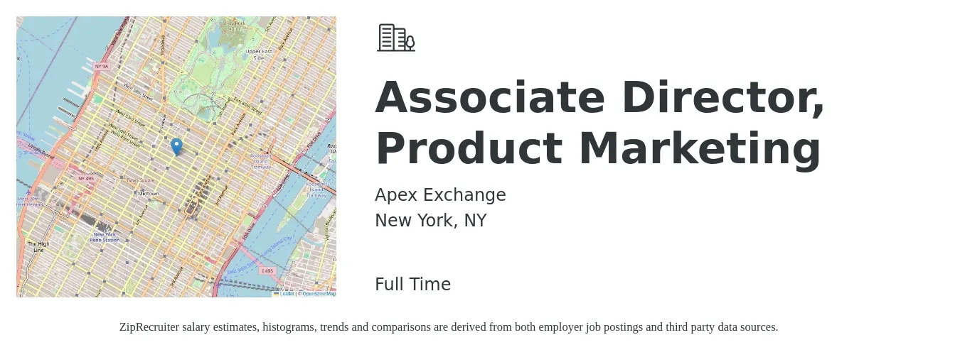 Apex Exchange job posting for a Associate Director, Product Marketing in New York, NY with a salary of $91,000 to $144,000 Yearly with a map of New York location.