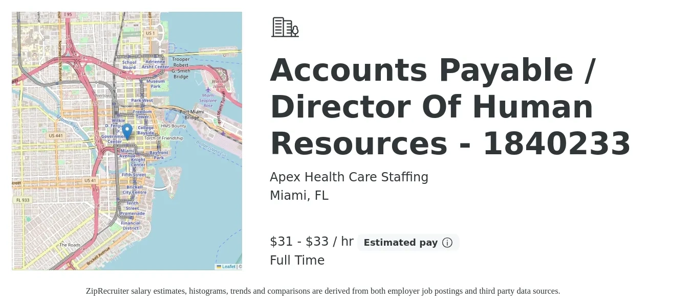 Apex Health Care Staffing job posting for a Accounts Payable / Director Of Human Resources - 1840233 in Miami, FL with a salary of $33 to $35 Hourly with a map of Miami location.