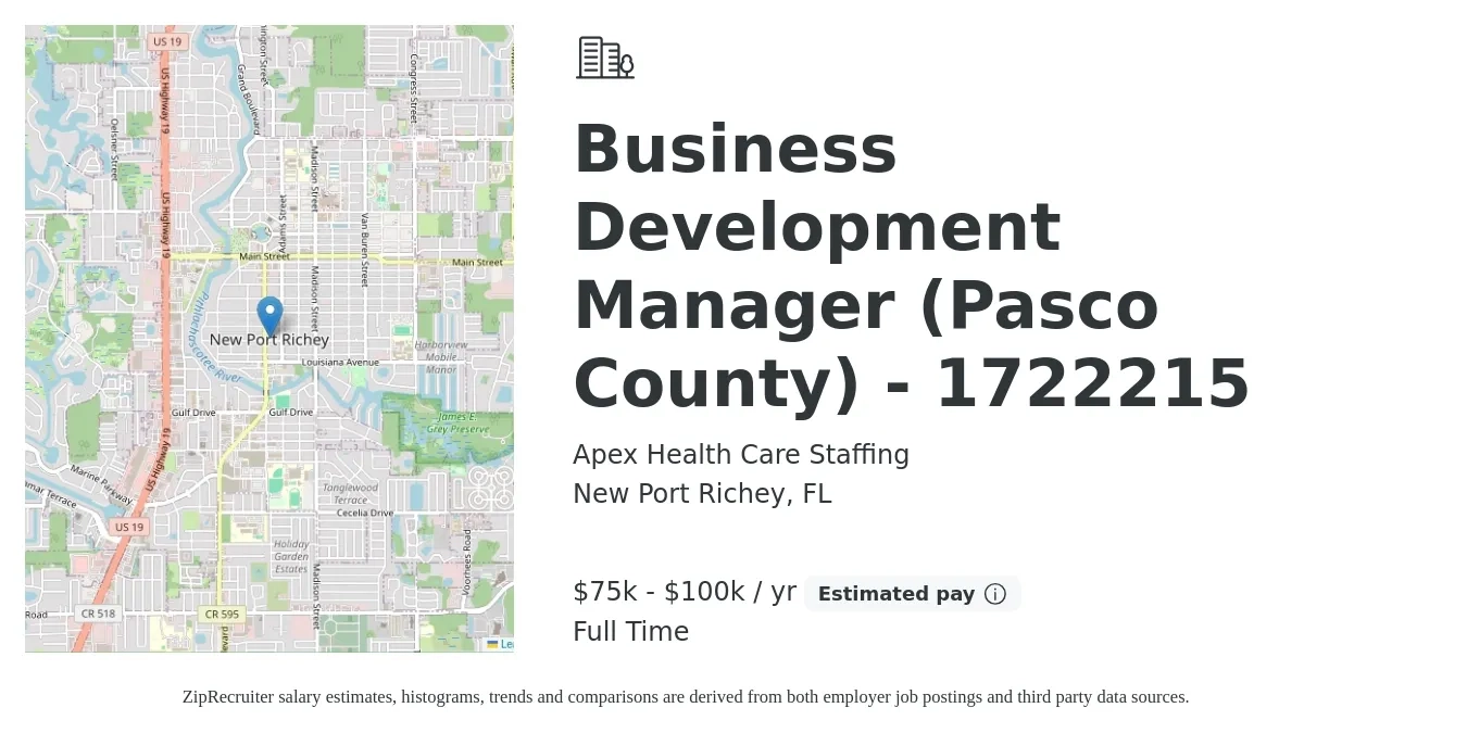 Apex Health Care Staffing job posting for a Business Development Manager (Pasco County) - 1722215 in New Port Richey, FL with a salary of $75,000 to $100,000 Yearly with a map of New Port Richey location.