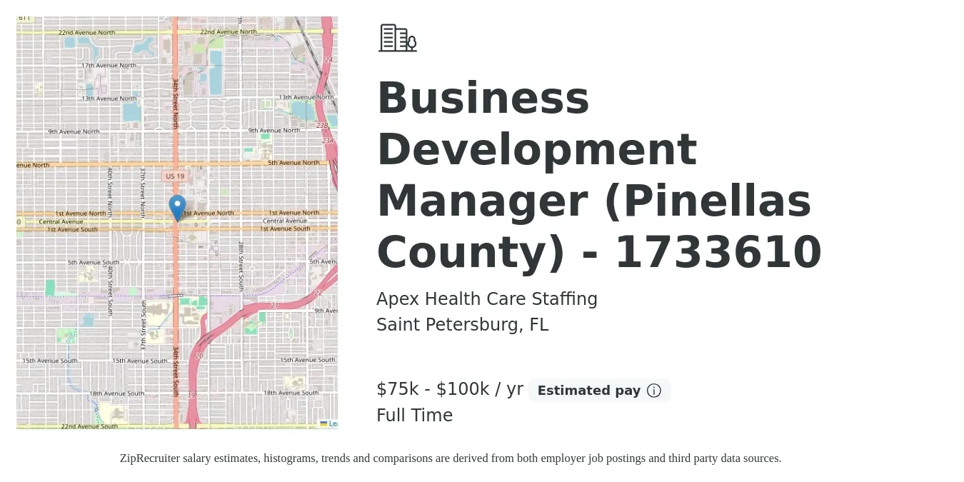 Apex Health Care Staffing job posting for a Business Development Manager (Pinellas County) - 1733610 in Saint Petersburg, FL with a salary of $75,000 to $100,000 Yearly with a map of Saint Petersburg location.