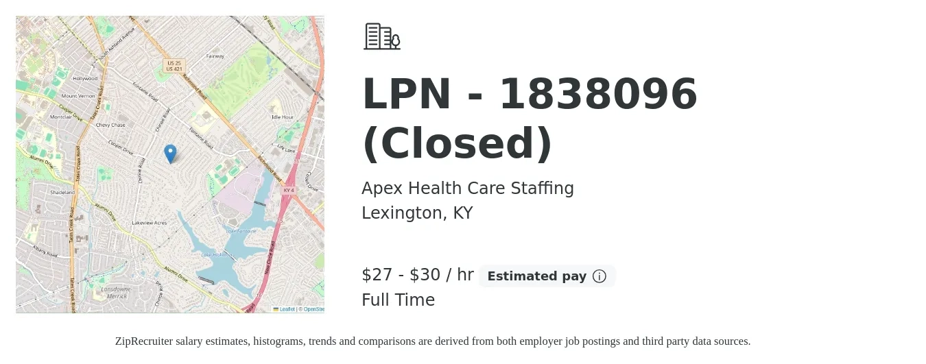 Apex Health Care Staffing job posting for a LPN - 1838096 (Closed) in Lexington, KY with a salary of $29 to $32 Hourly with a map of Lexington location.