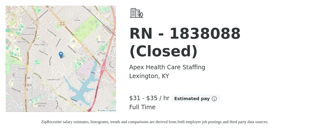 Apex Health Care Staffing job posting for a RN - 1838088 (Closed) in Lexington, KY with a salary of $33 to $37 Hourly with a map of Lexington location.