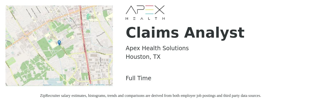 Apex Health Solutions job posting for a Claims Analyst in Houston, TX with a salary of $20 to $31 Hourly with a map of Houston location.