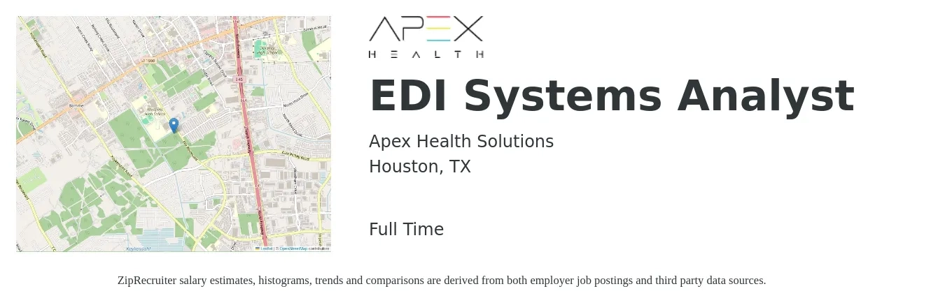 Apex Health Solutions job posting for a EDI Systems Analyst in Houston, TX with a salary of $61,600 to $95,900 Yearly with a map of Houston location.