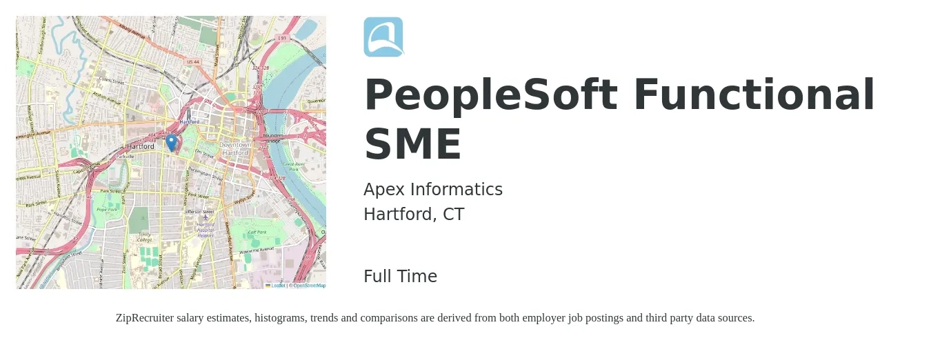 Apex Informatics job posting for a PeopleSoft Functional SME in Hartford, CT with a salary of $50 to $74 Hourly with a map of Hartford location.