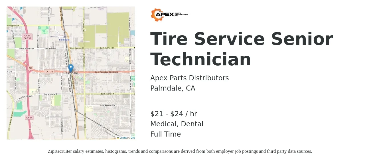 Apex Parts Distributors job posting for a Tire Service Senior Technician in Palmdale, CA with a salary of $22 to $25 Hourly and benefits including dental, life_insurance, medical, and retirement with a map of Palmdale location.