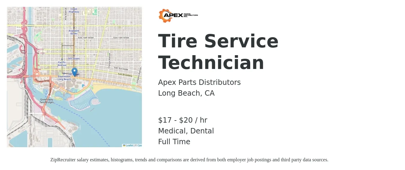 Apex Parts Distributors job posting for a Tire Service Technician in Long Beach, CA with a salary of $18 to $21 Hourly and benefits including dental, life_insurance, medical, and retirement with a map of Long Beach location.
