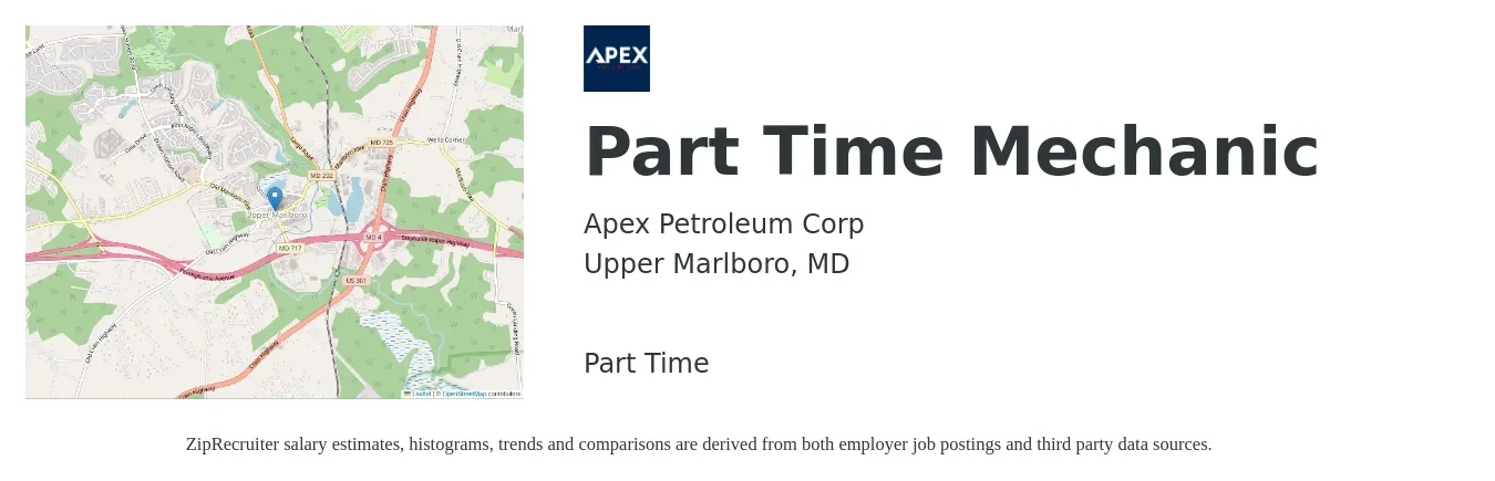 Apex Petroleum Corp job posting for a Part Time Mechanic in Upper Marlboro, MD with a salary of $20 to $30 Hourly with a map of Upper Marlboro location.