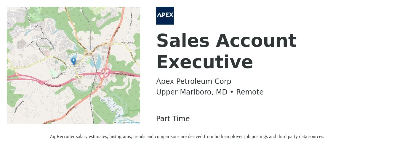 Apex Petroleum Corp job posting for a Sales Account Executive in Upper Marlboro, MD with a salary of $51,000 to $81,500 Yearly with a map of Upper Marlboro location.