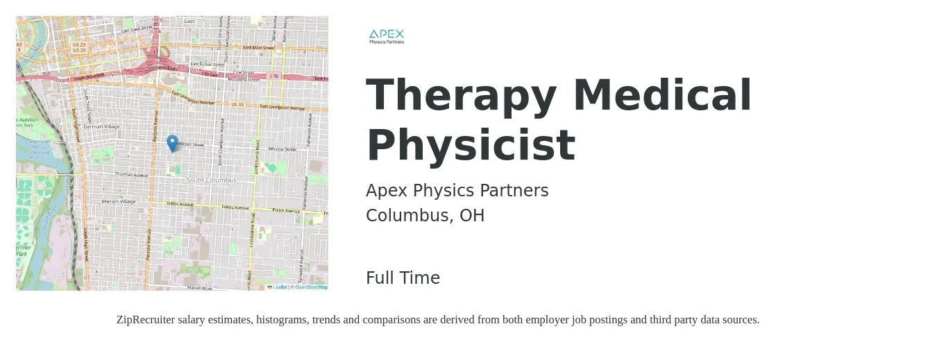 Apex Physics Partners job posting for a Therapy Medical Physicist in Columbus, OH with a salary of $57,000 to $108,200 Yearly with a map of Columbus location.