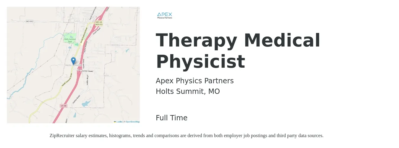 Apex Physics Partners job posting for a Therapy Medical Physicist in Holts Summit, MO with a salary of $55,900 to $106,100 Yearly with a map of Holts Summit location.