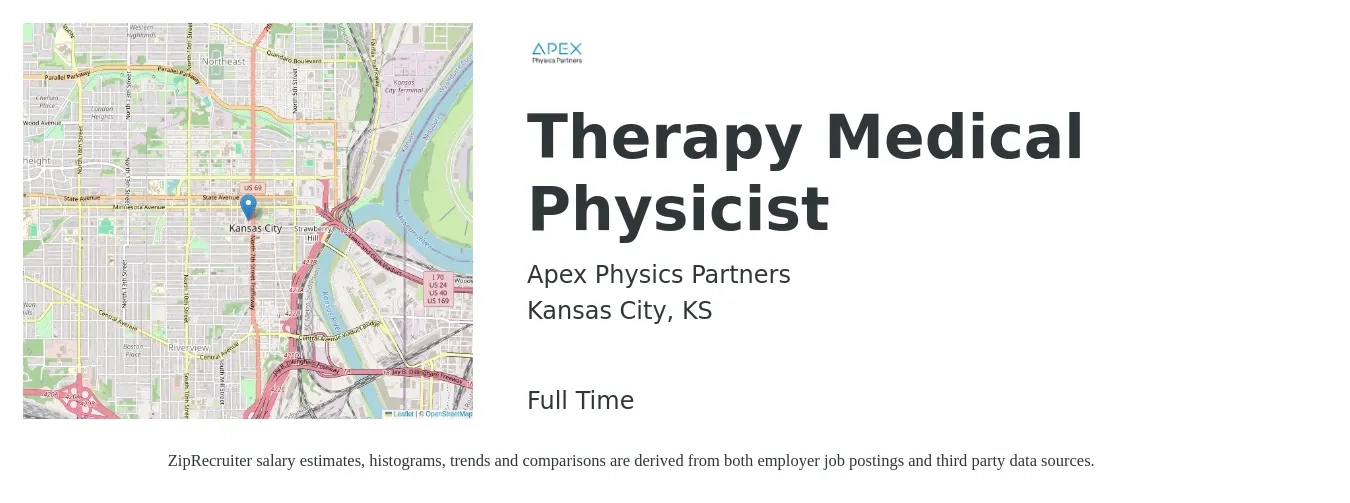 Apex Physics Partners job posting for a Therapy Medical Physicist in Kansas City, KS with a salary of $56,900 to $108,000 Yearly with a map of Kansas City location.