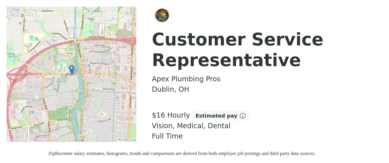 Apex Plumbing Pros job posting for a Customer Service Representative in Dublin, OH with a salary of $17 Hourly and benefits including dental, life_insurance, medical, pto, retirement, and vision with a map of Dublin location.