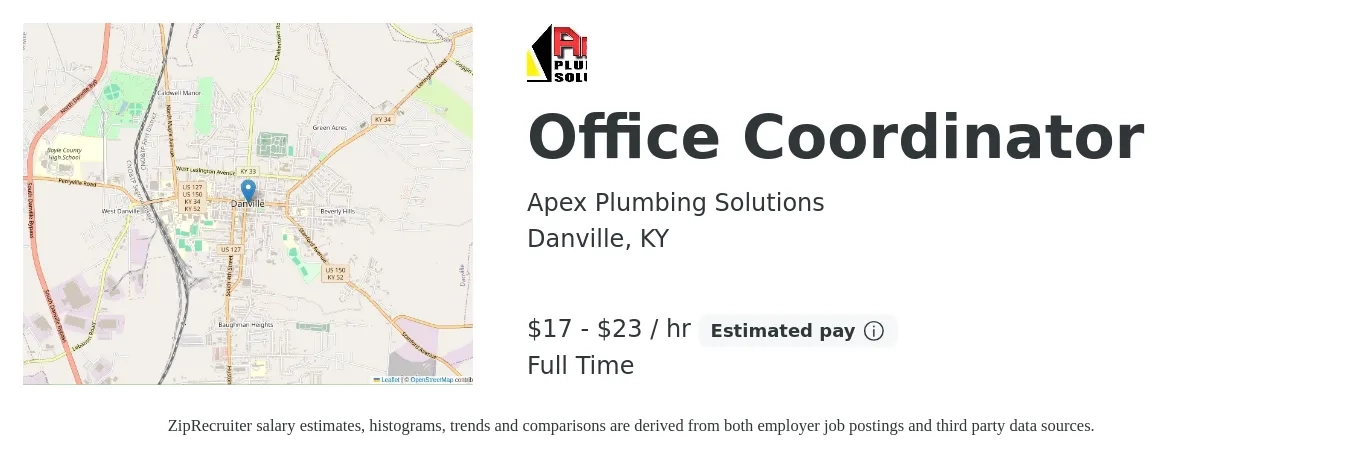 Apex Plumbing Solutions job posting for a Office Coordinator in Danville, KY with a salary of $18 to $24 Hourly with a map of Danville location.