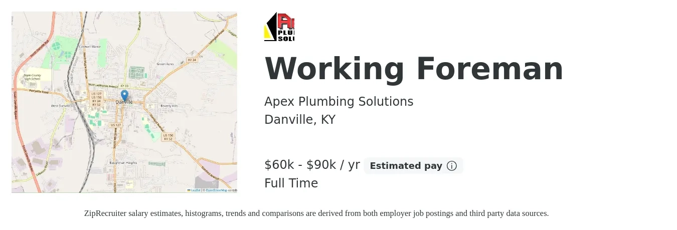 Apex Plumbing Solutions job posting for a Working Foreman in Danville, KY with a salary of $60,000 to $90,000 Yearly with a map of Danville location.