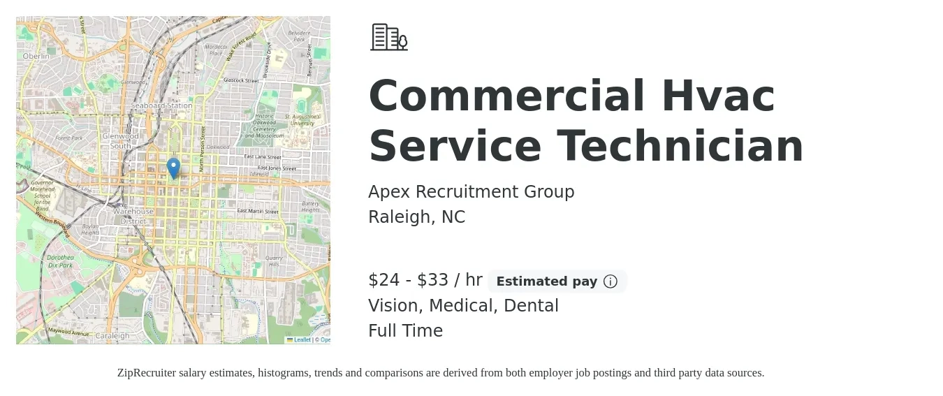Apex Recruitment Group job posting for a Commercial Hvac Service Technician in Raleigh, NC with a salary of $25 to $35 Hourly and benefits including retirement, vision, dental, life_insurance, medical, and pto with a map of Raleigh location.