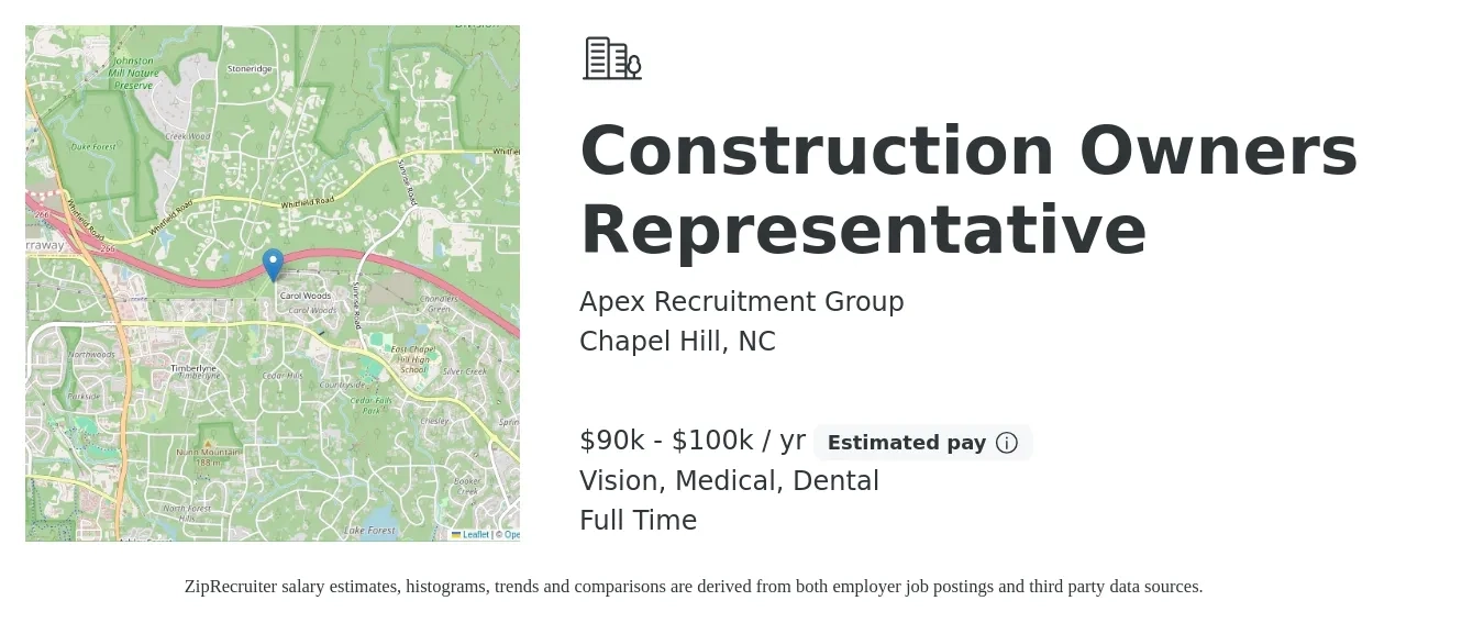 Apex Recruitment Group job posting for a Construction Owners Representative in Chapel Hill, NC with a salary of $90,000 to $100,000 Yearly and benefits including vision, dental, life_insurance, medical, pto, and retirement with a map of Chapel Hill location.