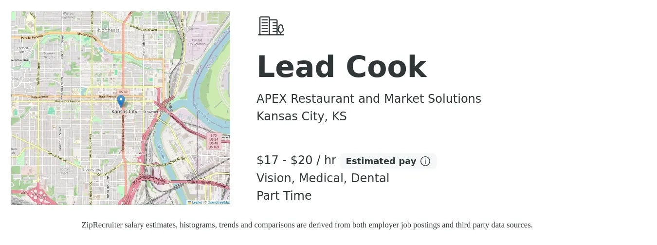APEX Restaurant and Market Solutions job posting for a Lead Cook in Kansas City, KS with a salary of $18 to $21 Hourly and benefits including medical, vision, dental, and life_insurance with a map of Kansas City location.