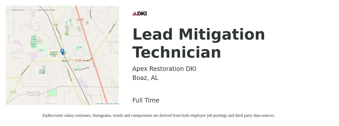 Apex Restoration DKI job posting for a Lead Mitigation Technician in Boaz, AL with a salary of $45 Hourly with a map of Boaz location.