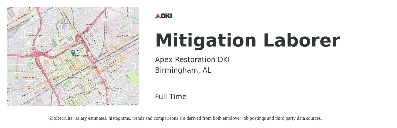 Apex Restoration DKI job posting for a Mitigation Laborer in Birmingham, AL with a salary of $16 to $17 Hourly with a map of Birmingham location.