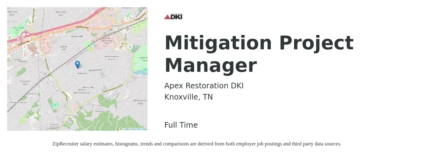 Apex Restoration DKI job posting for a Mitigation Project Manager in Knoxville, TN with a salary of $45,500 to $62,800 Yearly with a map of Knoxville location.