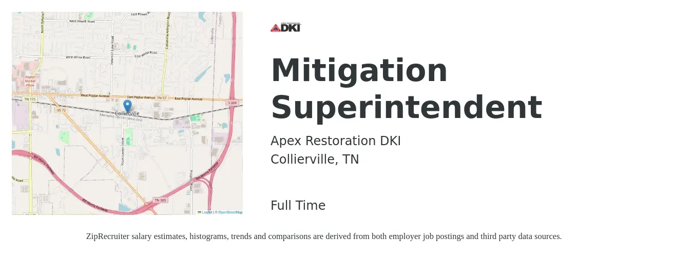 Apex Restoration DKI job posting for a Mitigation Superintendent in Collierville, TN with a salary of $40,000 to $45,000 Yearly with a map of Collierville location.