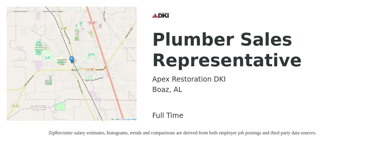 Apex Restoration DKI job posting for a Plumber Sales Representative in Boaz, AL with a salary of $50,000 to $100,000 Yearly with a map of Boaz location.