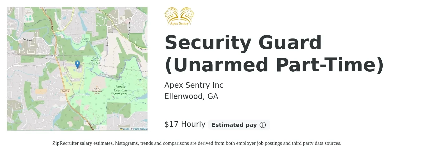 Apex Sentry Inc job posting for a Security Guard (Unarmed Part-Time) in Ellenwood, GA with a salary of $18 Hourly with a map of Ellenwood location.