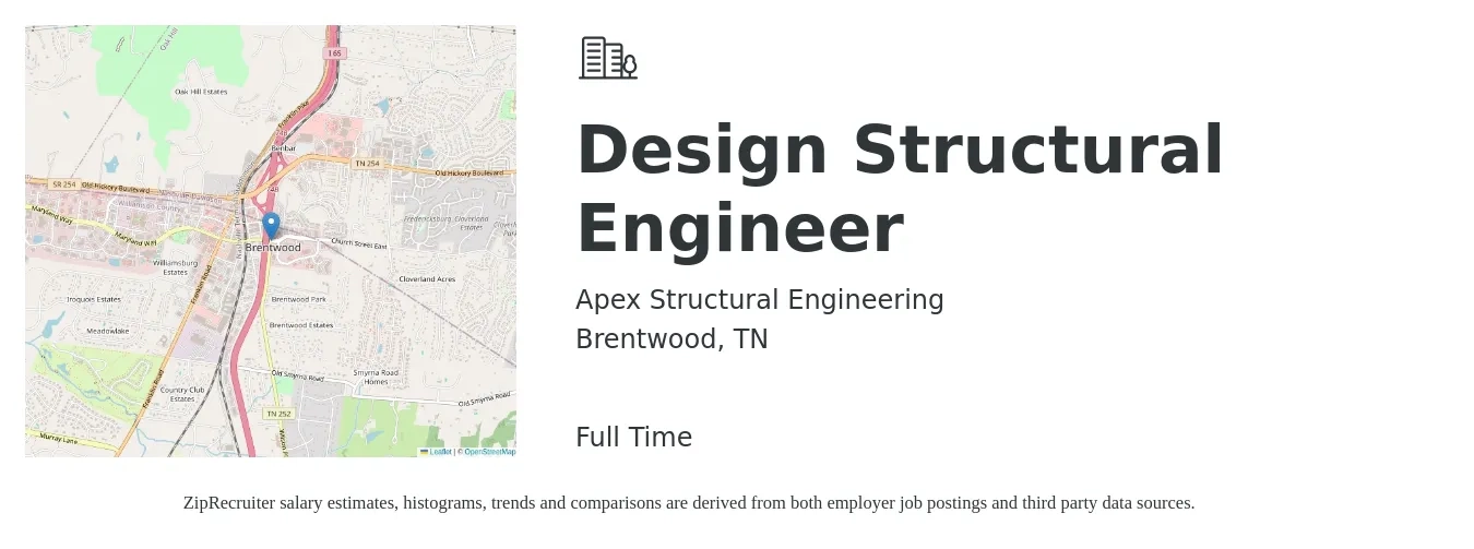 Apex Structural Engineering job posting for a Design Structural Engineer in Brentwood, TN with a salary of $100,000 to $128,000 Yearly with a map of Brentwood location.