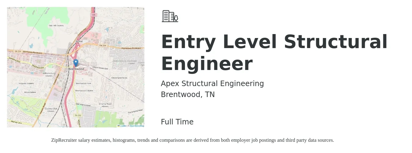 Apex Structural Engineering job posting for a Entry Level Structural Engineer in Brentwood, TN with a salary of $80,000 to $95,000 Yearly with a map of Brentwood location.