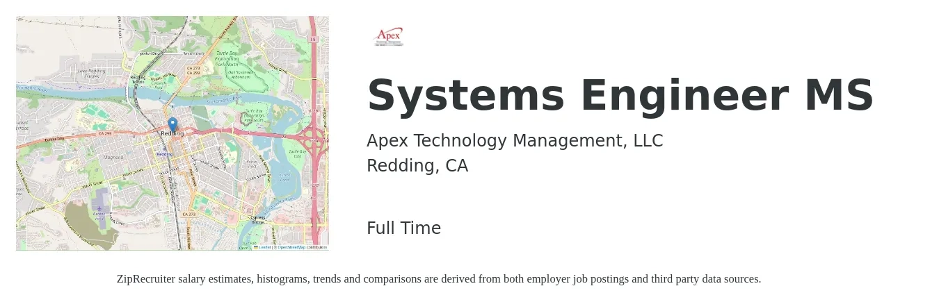 Apex Technology Management, LLC job posting for a Systems Engineer MS in Redding, CA with a salary of $97,700 to $156,500 Yearly with a map of Redding location.