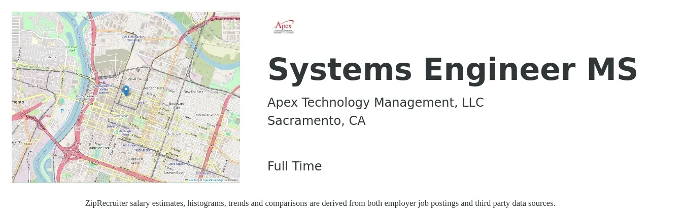 Apex Technology Management, LLC job posting for a Systems Engineer MS in Sacramento, CA with a salary of $104,500 to $167,400 Yearly with a map of Sacramento location.