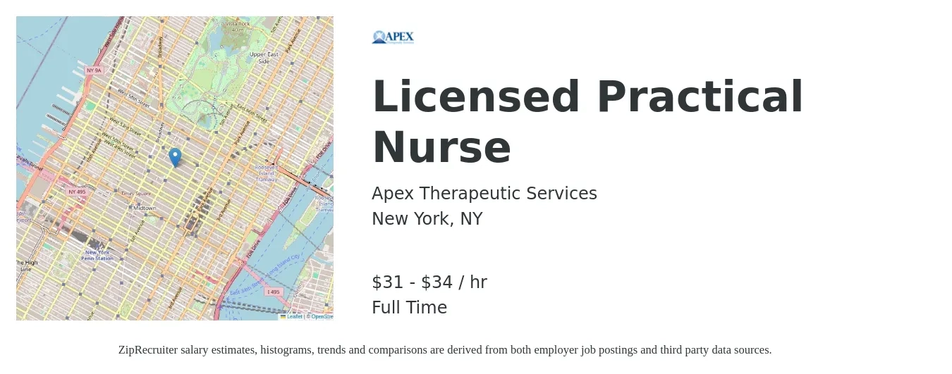 Apex Therapeutic Services job posting for a Licensed Practical Nurse in New York, NY with a salary of $33 to $36 Hourly with a map of New York location.