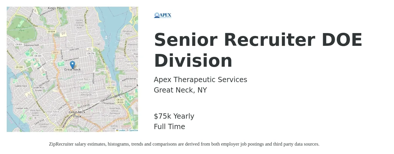 Apex Therapeutic Services job posting for a Senior Recruiter DOE Division in Great Neck, NY with a salary of $75,000 Yearly with a map of Great Neck location.