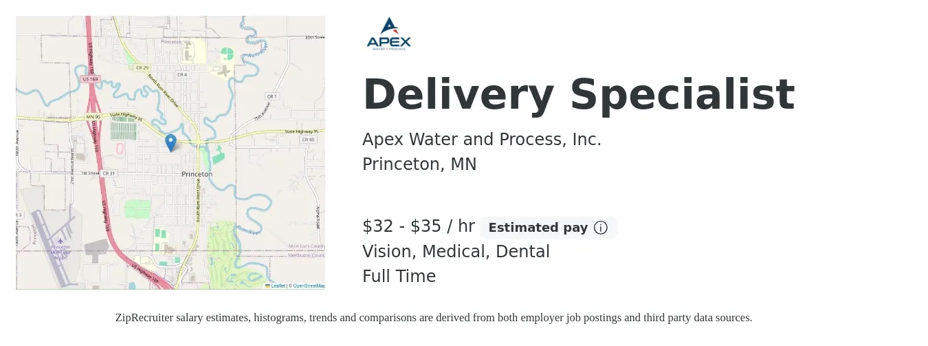 Apex Water and Process, Inc. job posting for a Delivery Specialist in Princeton, MN with a salary of $34 to $37 Hourly and benefits including life_insurance, medical, pto, vision, and dental with a map of Princeton location.