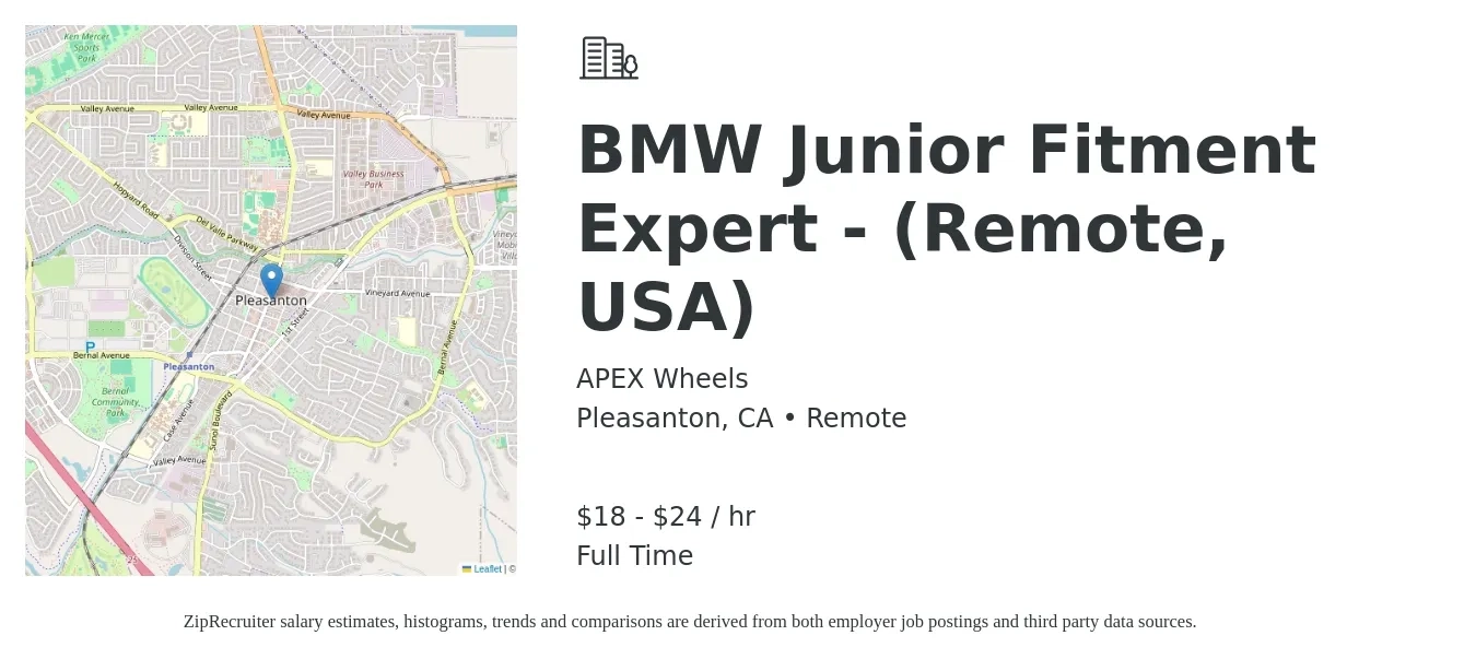 APEX Wheels job posting for a BMW Junior Fitment Expert - (Remote, USA) in Pleasanton, CA with a salary of $19 to $25 Hourly with a map of Pleasanton location.