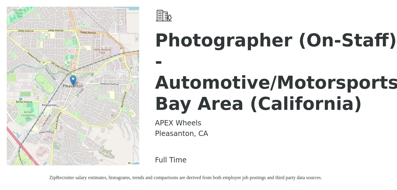 APEX Wheels job posting for a Photographer (On-Staff) - Automotive/Motorsports, Bay Area (California) in Pleasanton, CA with a salary of $18 to $25 Hourly with a map of Pleasanton location.