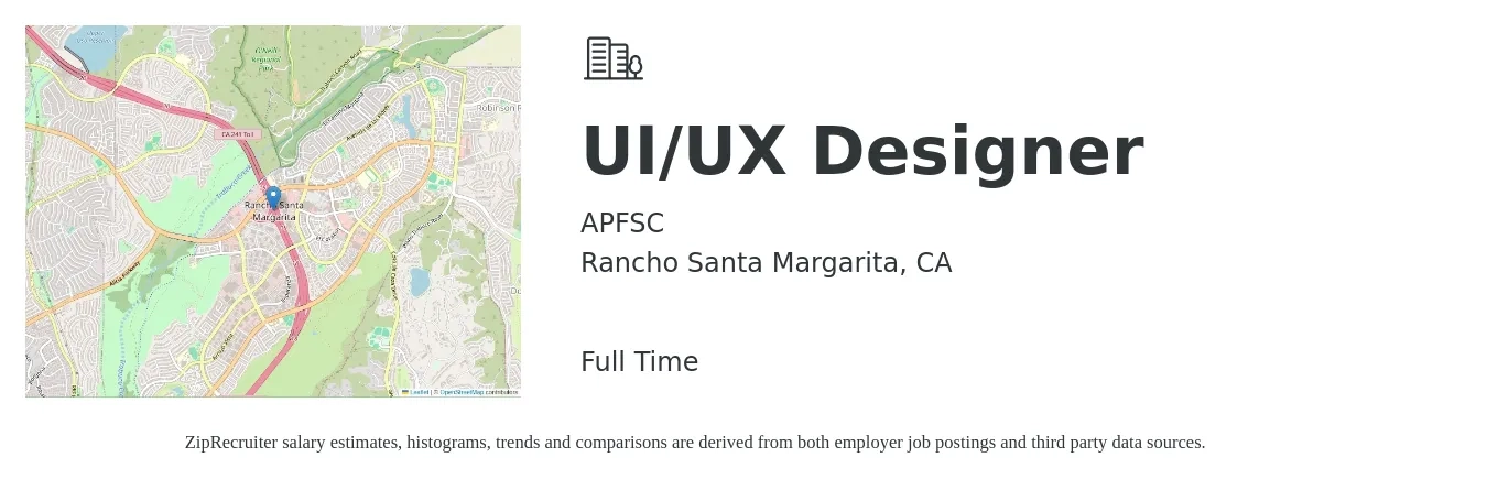 APFSC job posting for a UI/UX Designer in Rancho Santa Margarita, CA with a salary of $46 to $73 Hourly with a map of Rancho Santa Margarita location.