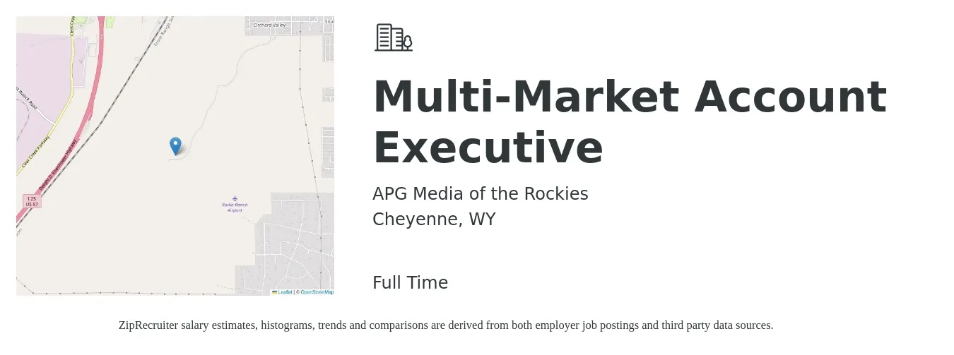 APG Media of the Rockies job posting for a Multi-Market Account Executive in Cheyenne, WY with a salary of $50,300 to $88,400 Yearly with a map of Cheyenne location.