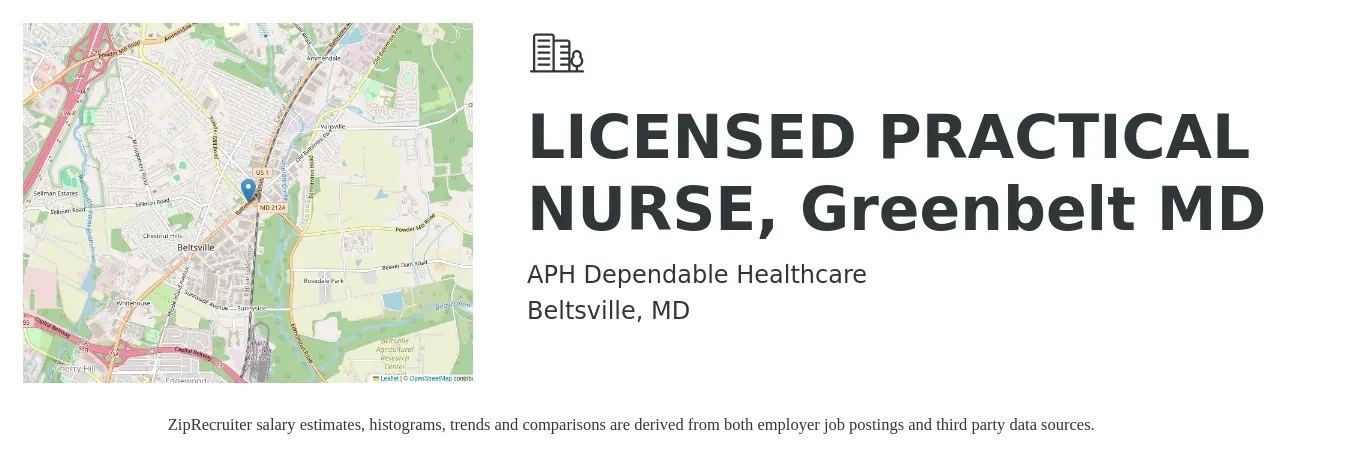 APH Dependable Healthcare job posting for a LICENSED PRACTICAL NURSE, Greenbelt MD in Beltsville, MD with a salary of $26 to $36 Hourly with a map of Beltsville location.