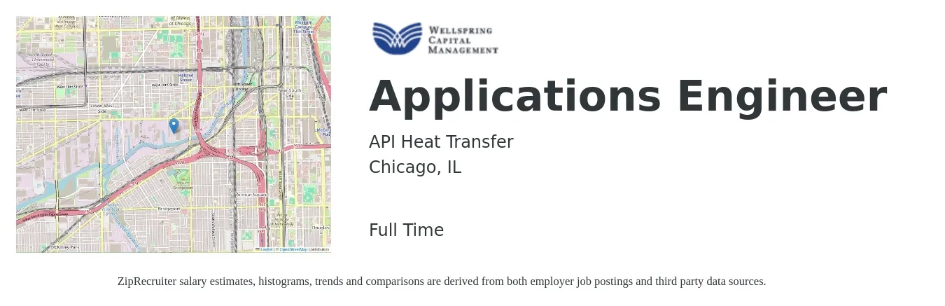 API Heat Transfer job posting for a Applications Engineer in Chicago, IL with a salary of $86,500 to $139,100 Yearly with a map of Chicago location.