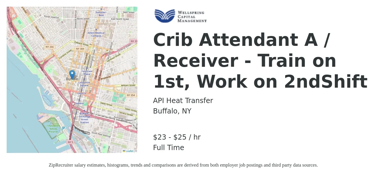 API Heat Transfer job posting for a Crib Attendant A / Receiver - Train on 1st, Work on 2ndShift in Buffalo, NY with a salary of $25 to $27 Hourly with a map of Buffalo location.