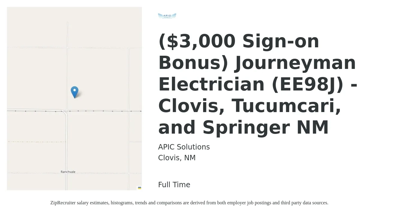 APIC Solutions job posting for a ($3,000 Sign-on Bonus) Journeyman Electrician (EE98J) - Clovis, Tucumcari, and Springer NM in Clovis, NM with a salary of $54 Hourly with a map of Clovis location.