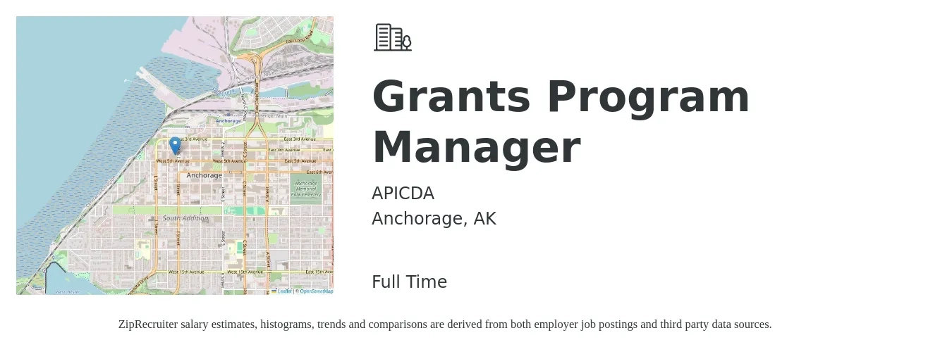 APICDA job posting for a Grants Program Manager in Anchorage, AK with a salary of $81,300 to $135,500 Yearly with a map of Anchorage location.