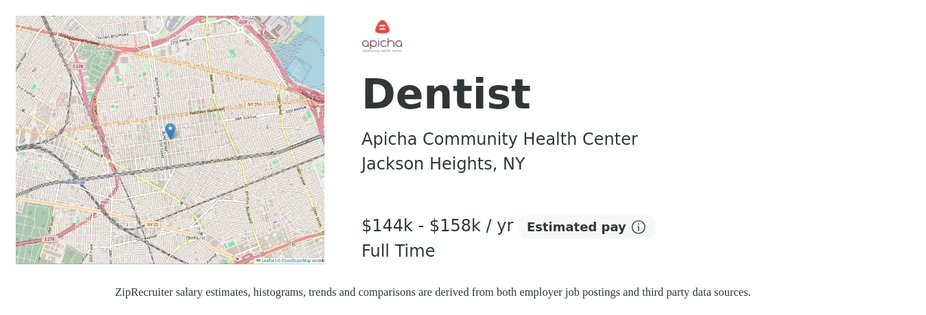 Apicha Community Health Center job posting for a Dentist in Jackson Heights, NY with a salary of $144,000 to $158,000 Yearly with a map of Jackson Heights location.